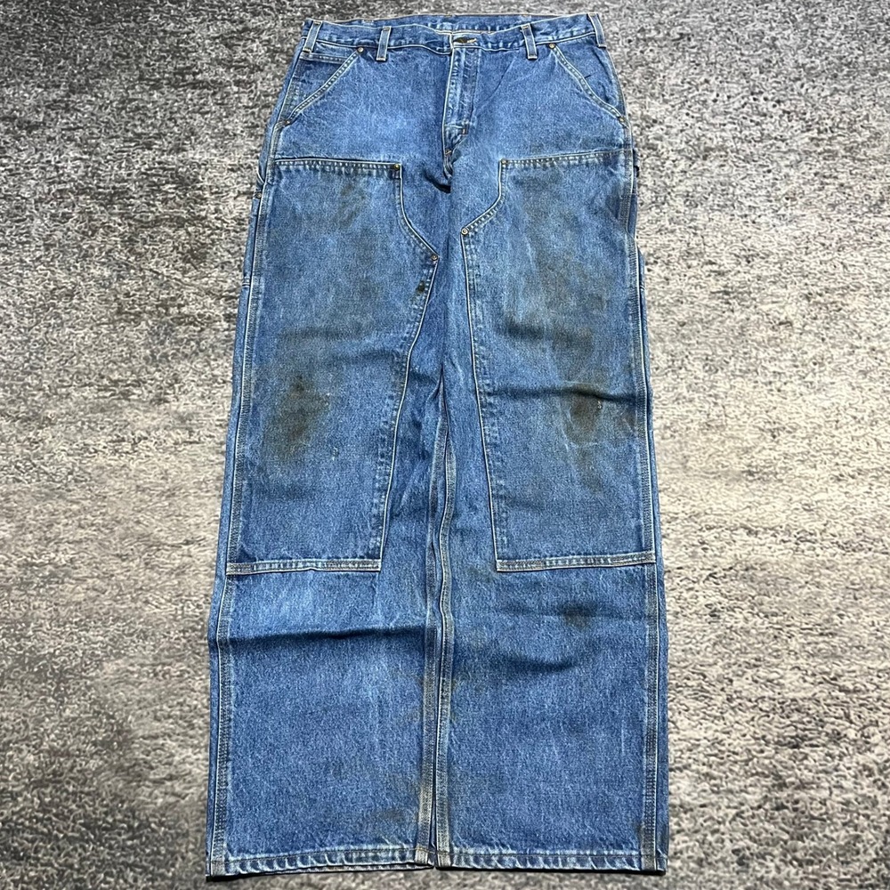 Vintage Carhartt Double Knee Jeans 36x34 Blue Distressed Loose‎ Workwear B73-DST